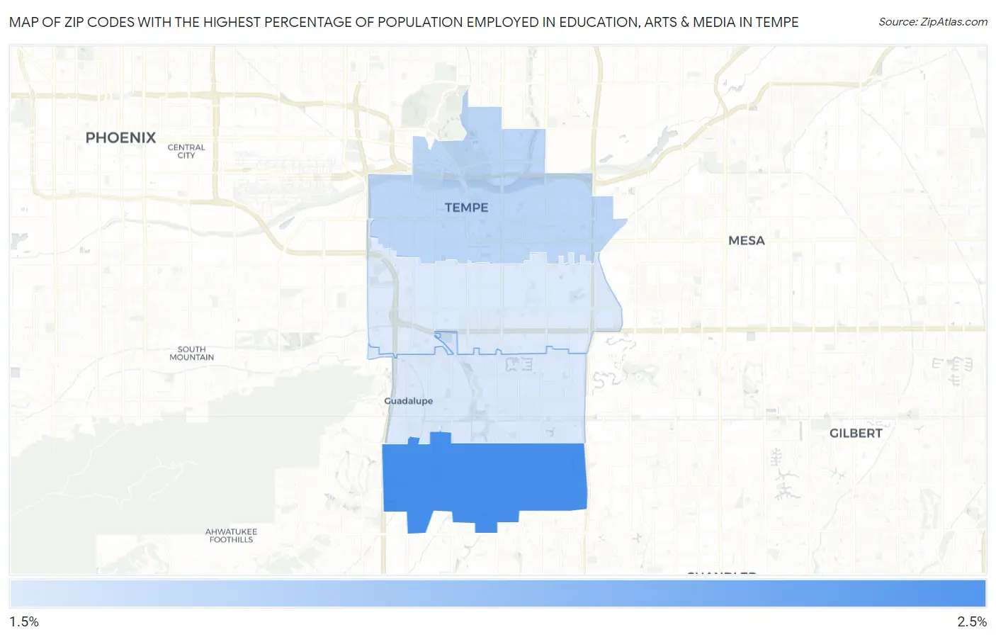 Zip Codes with the Highest Percentage of Population Employed in Education, Arts & Media in Tempe Map