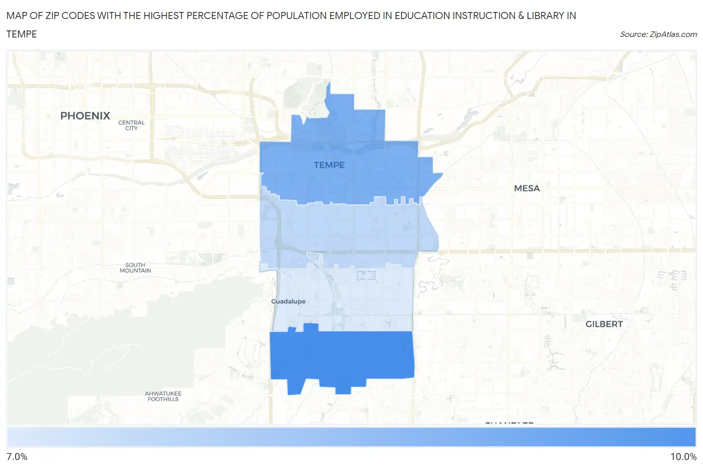 Zip Codes with the Highest Percentage of Population Employed in Education Instruction & Library in Tempe Map