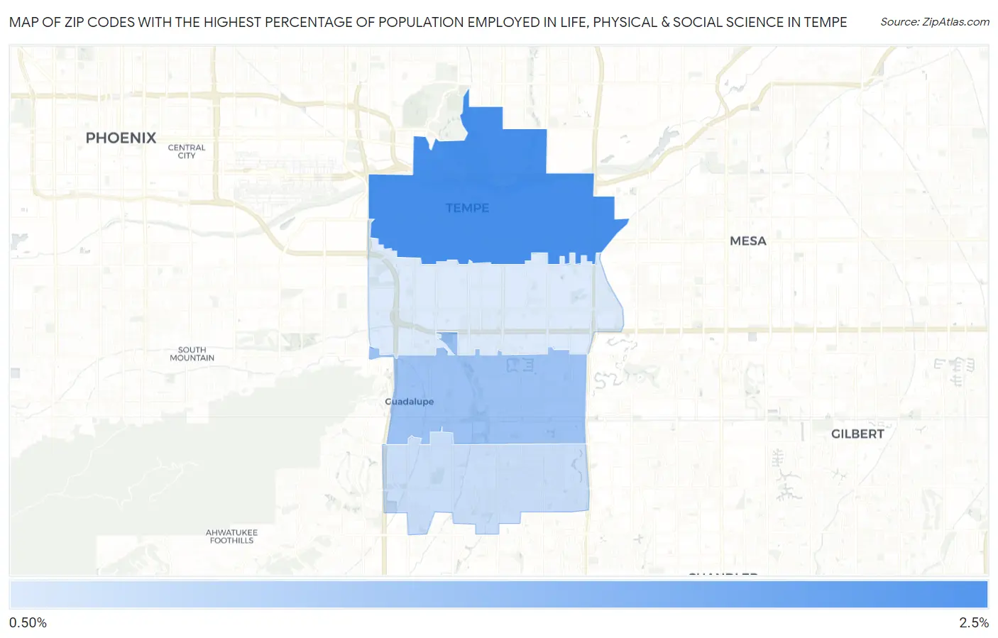 Zip Codes with the Highest Percentage of Population Employed in Life, Physical & Social Science in Tempe Map