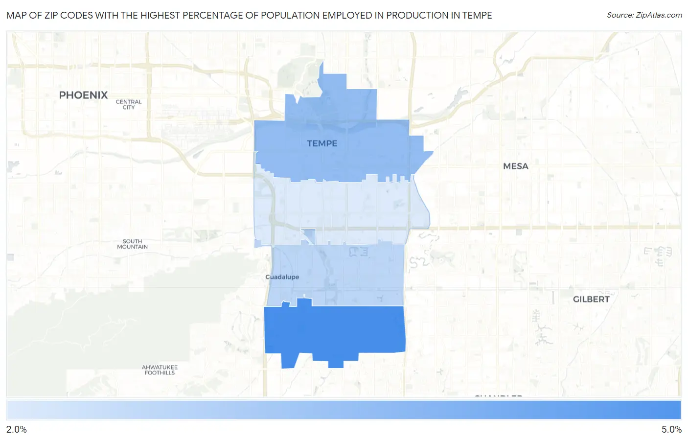 Zip Codes with the Highest Percentage of Population Employed in Production in Tempe Map