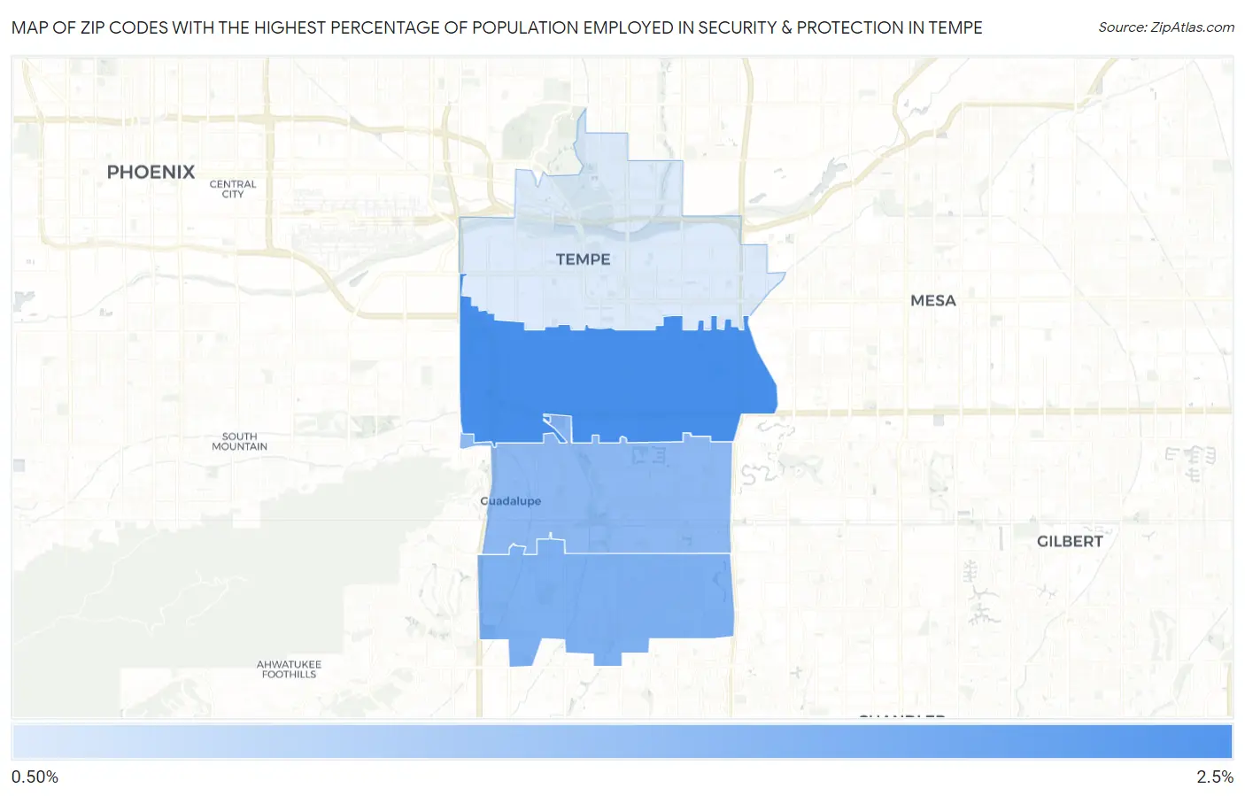 Zip Codes with the Highest Percentage of Population Employed in Security & Protection in Tempe Map