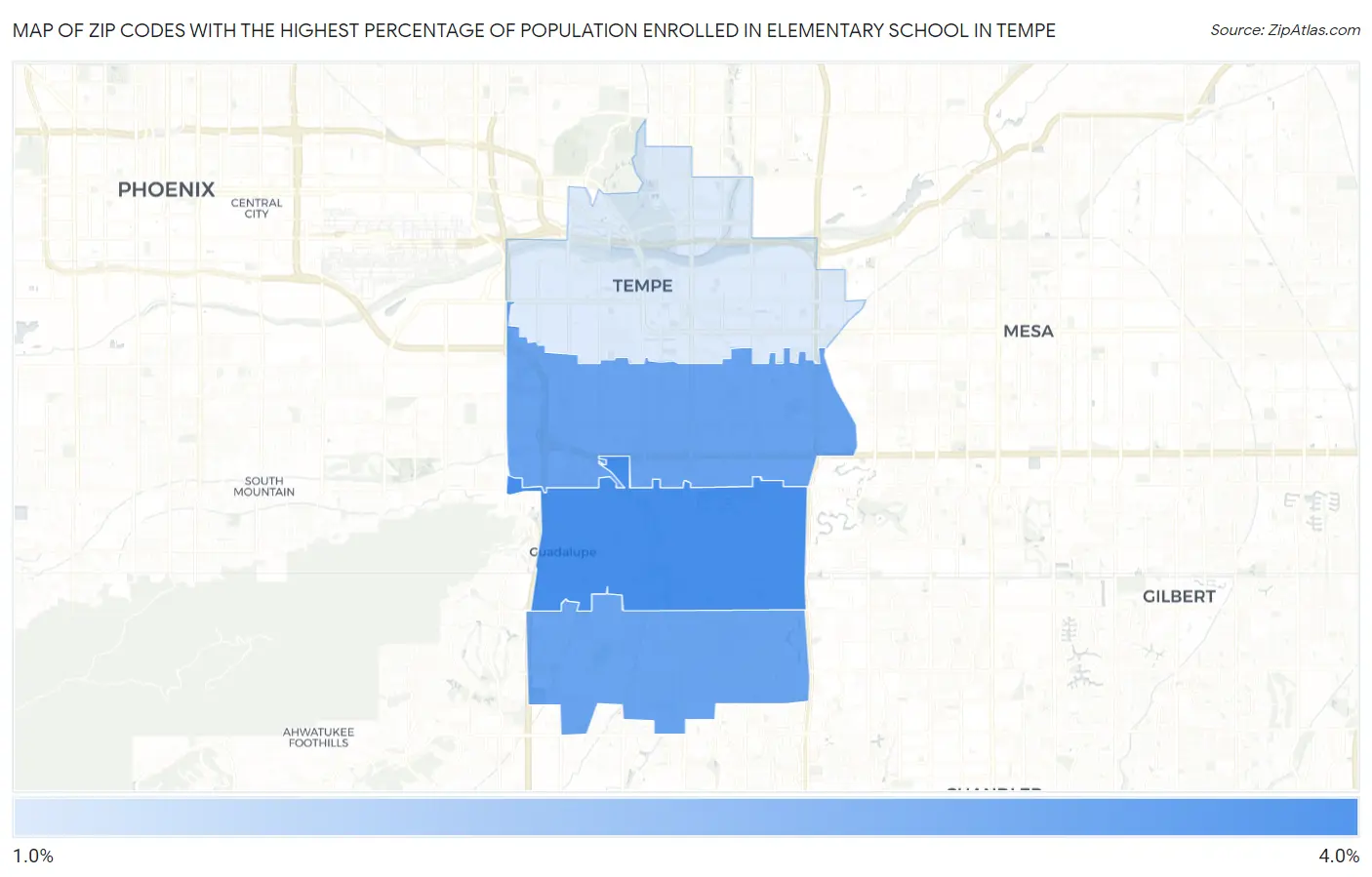 Zip Codes with the Highest Percentage of Population Enrolled in Elementary School in Tempe Map