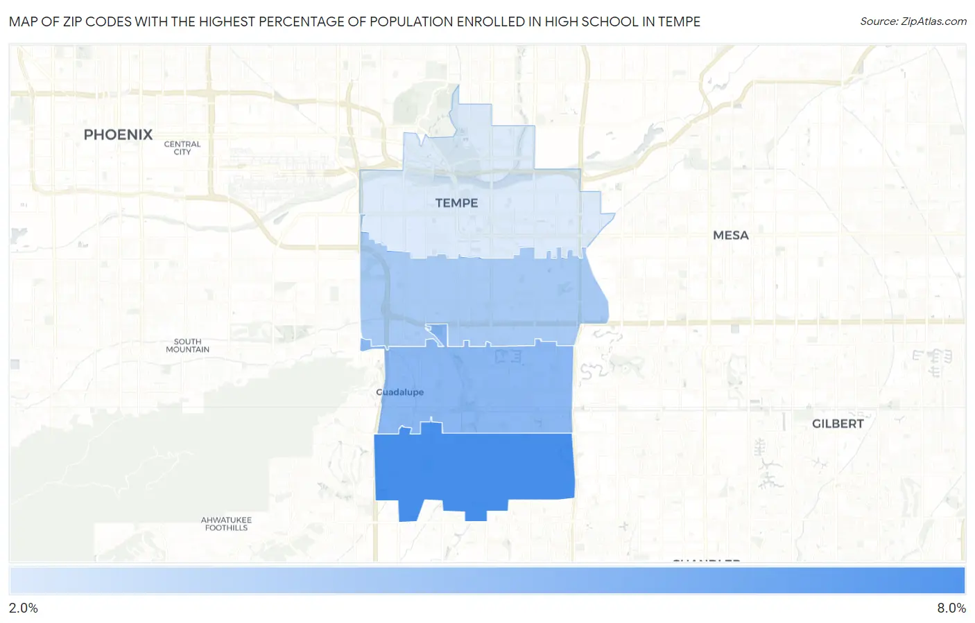 Zip Codes with the Highest Percentage of Population Enrolled in High School in Tempe Map