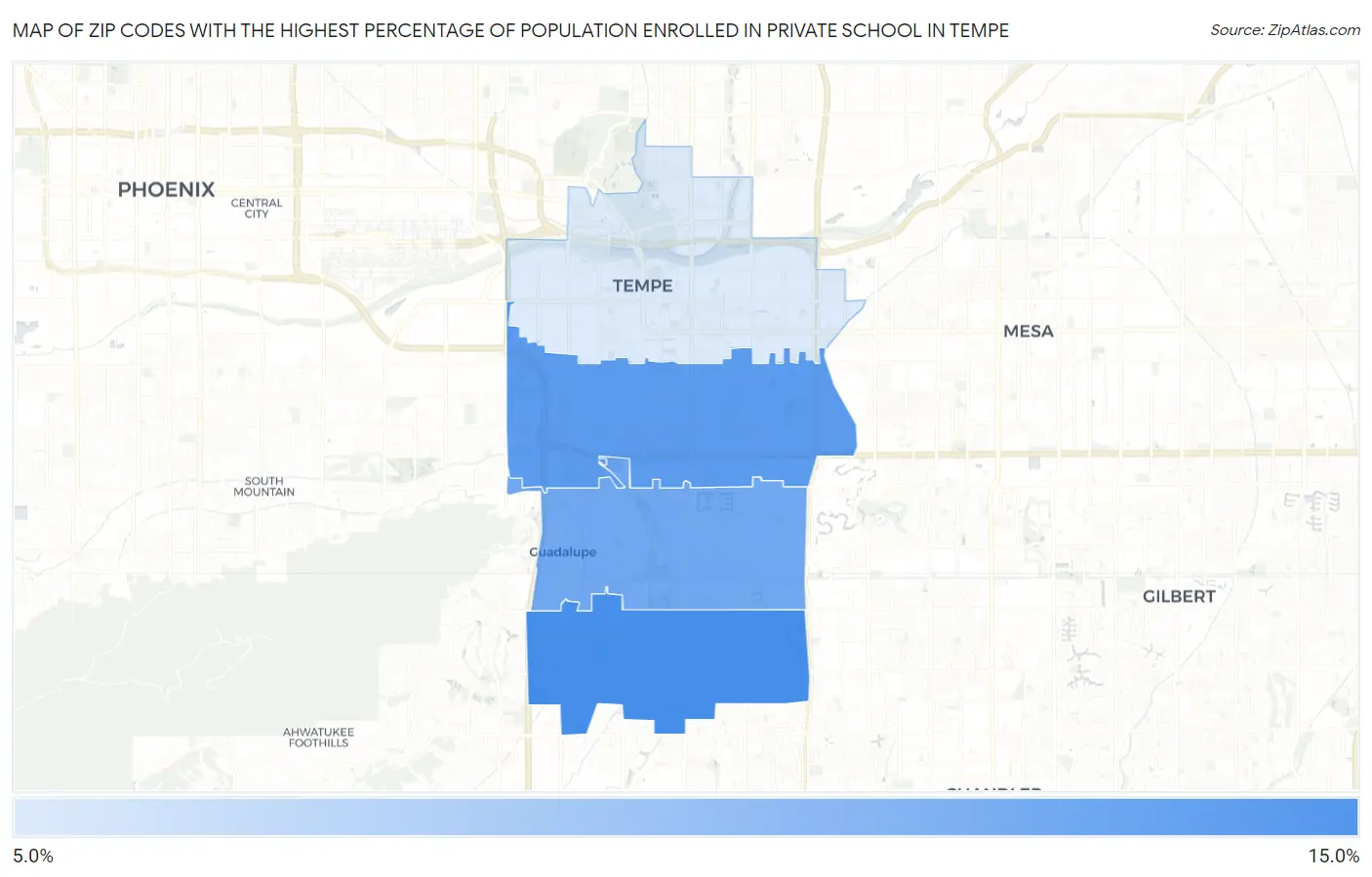 Zip Codes with the Highest Percentage of Population Enrolled in Private School in Tempe Map
