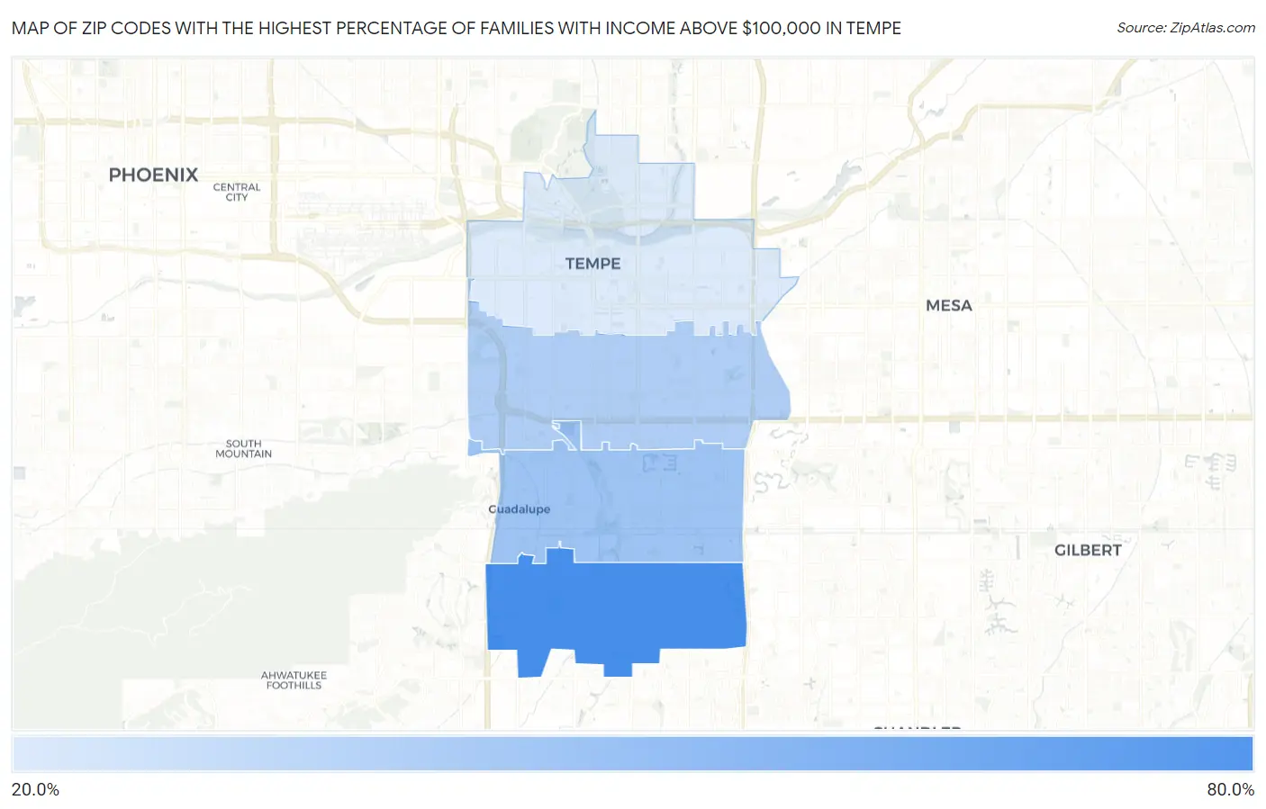Zip Codes with the Highest Percentage of Families with Income Above $100,000 in Tempe Map
