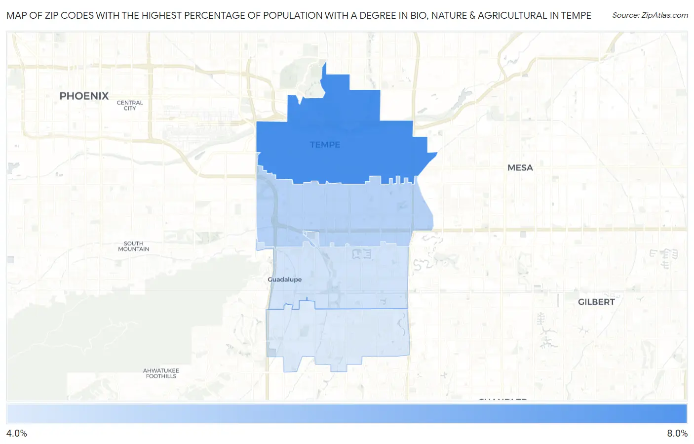 Zip Codes with the Highest Percentage of Population with a Degree in Bio, Nature & Agricultural in Tempe Map