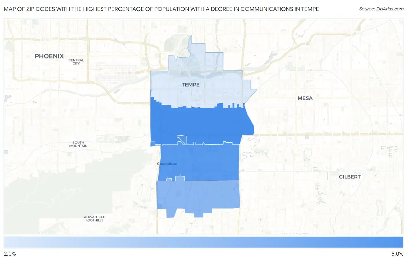 Zip Codes with the Highest Percentage of Population with a Degree in Communications in Tempe Map