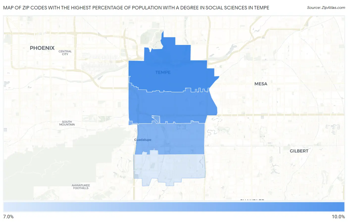 Zip Codes with the Highest Percentage of Population with a Degree in Social Sciences in Tempe Map