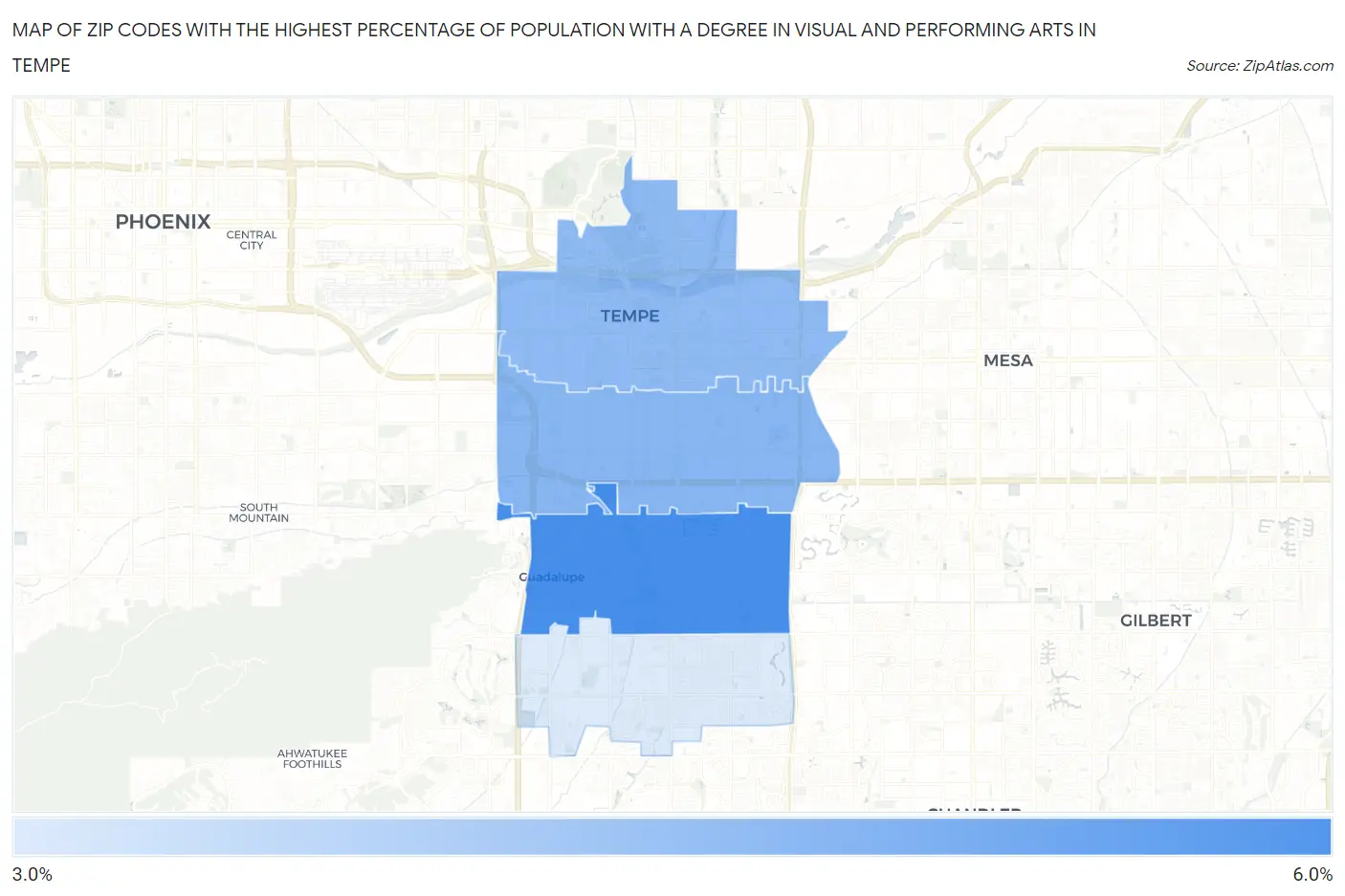 Zip Codes with the Highest Percentage of Population with a Degree in Visual and Performing Arts in Tempe Map