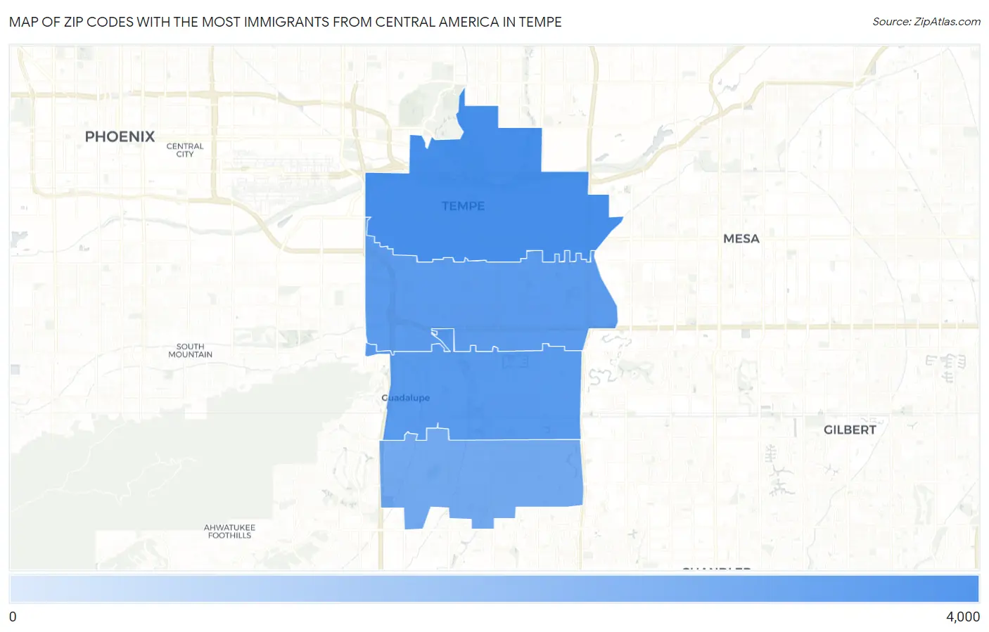 Zip Codes with the Most Immigrants from Central America in Tempe Map