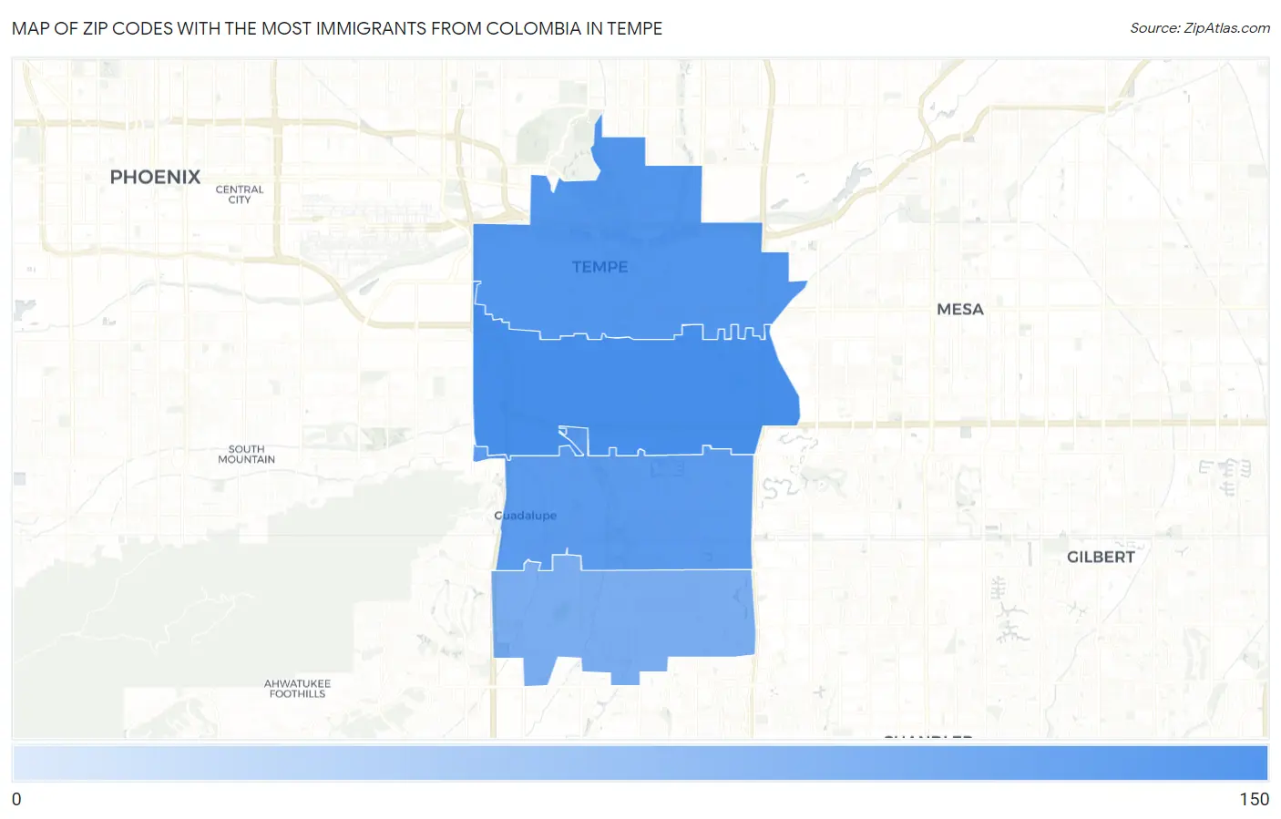 Zip Codes with the Most Immigrants from Colombia in Tempe Map