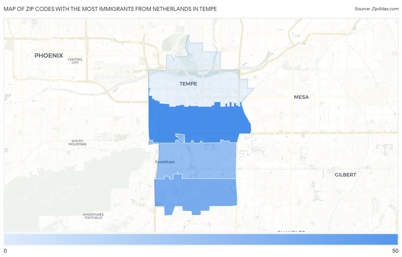 Zip Codes with the Most Immigrants from Netherlands in Tempe Map