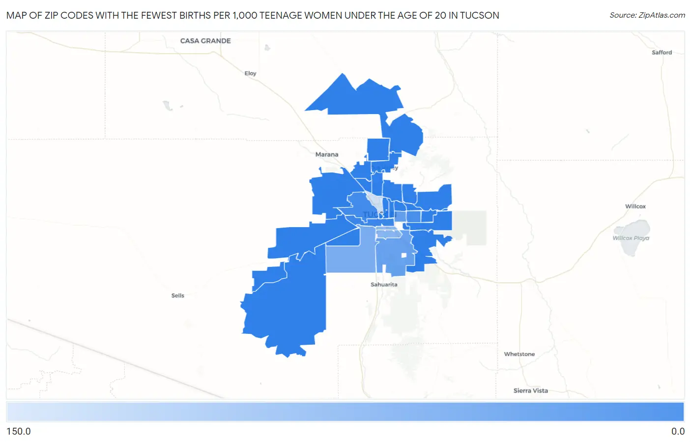 Zip Codes with the Fewest Births per 1,000 Teenage Women Under the Age of 20 in Tucson Map