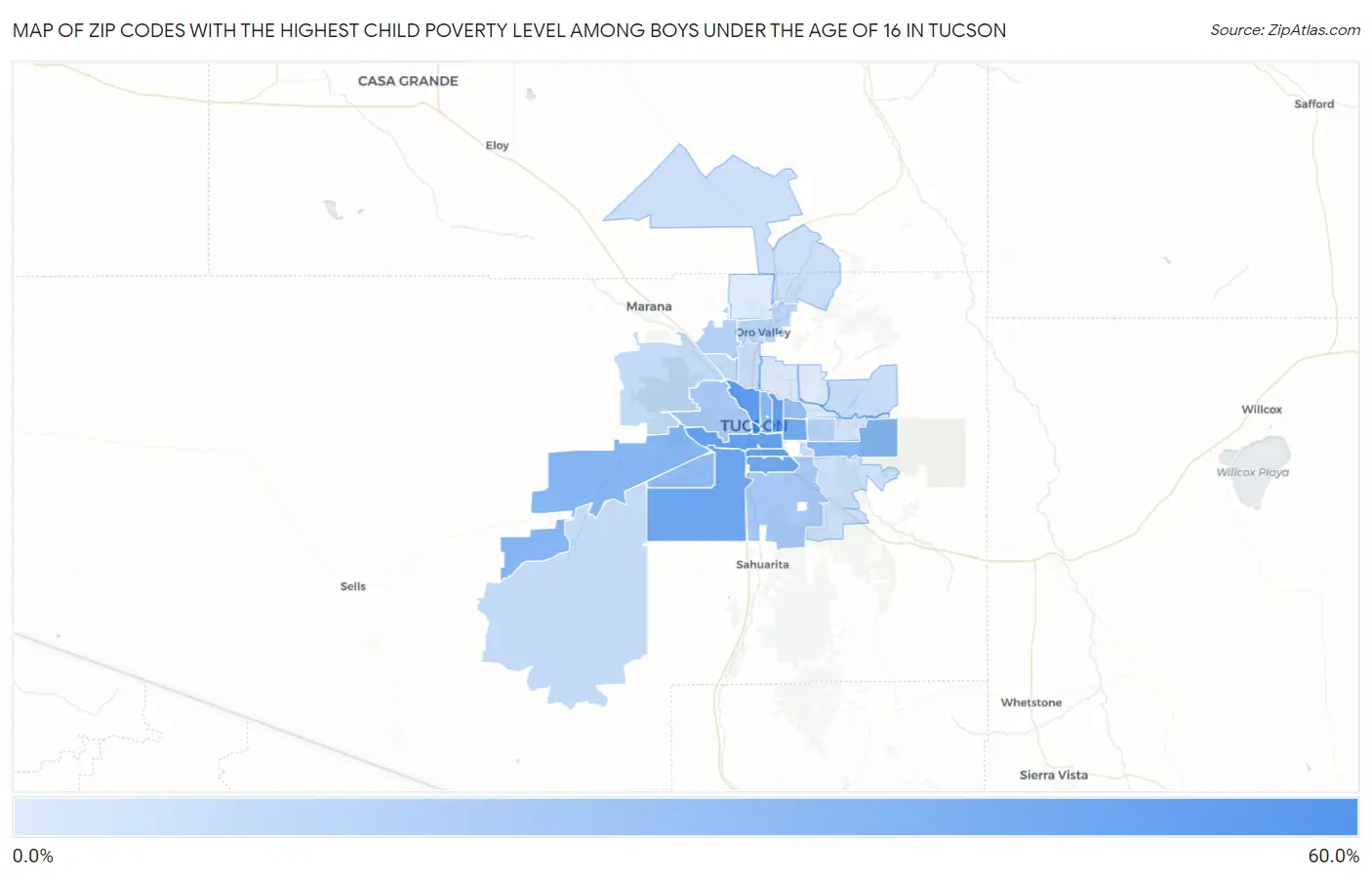 Zip Codes with the Highest Child Poverty Level Among Boys Under the Age of 16 in Tucson Map