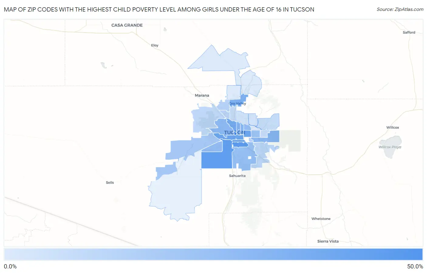 Zip Codes with the Highest Child Poverty Level Among Girls Under the Age of 16 in Tucson Map
