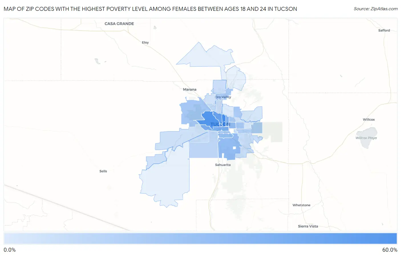 Zip Codes with the Highest Poverty Level Among Females Between Ages 18 and 24 in Tucson Map