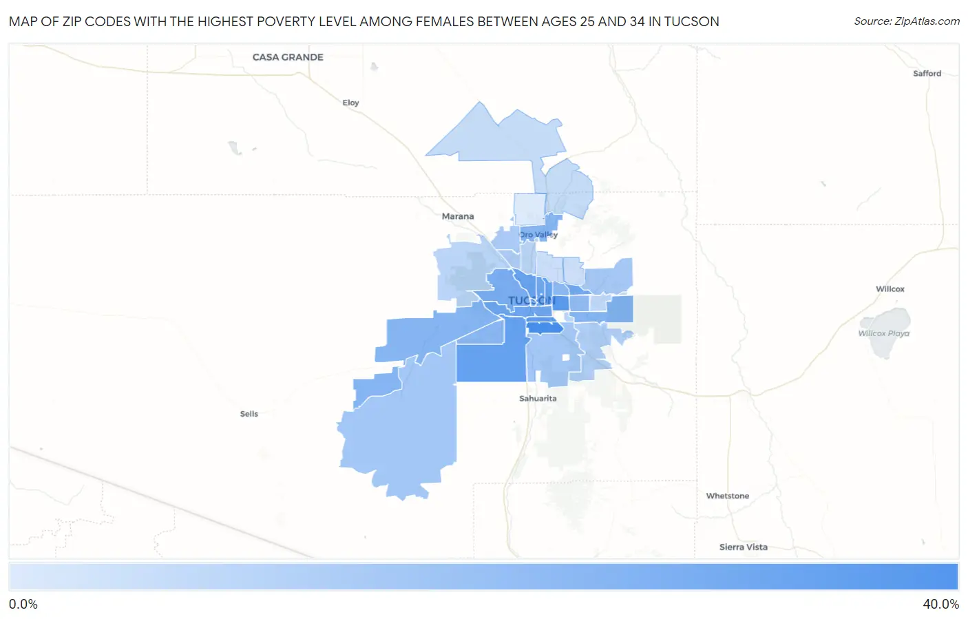 Zip Codes with the Highest Poverty Level Among Females Between Ages 25 and 34 in Tucson Map