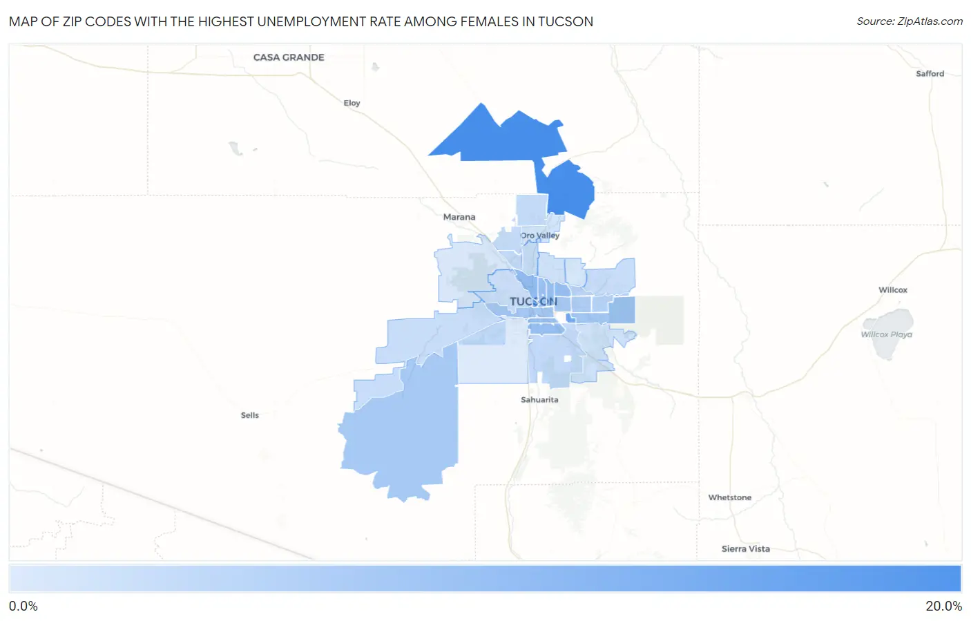 Zip Codes with the Highest Unemployment Rate Among Females in Tucson Map
