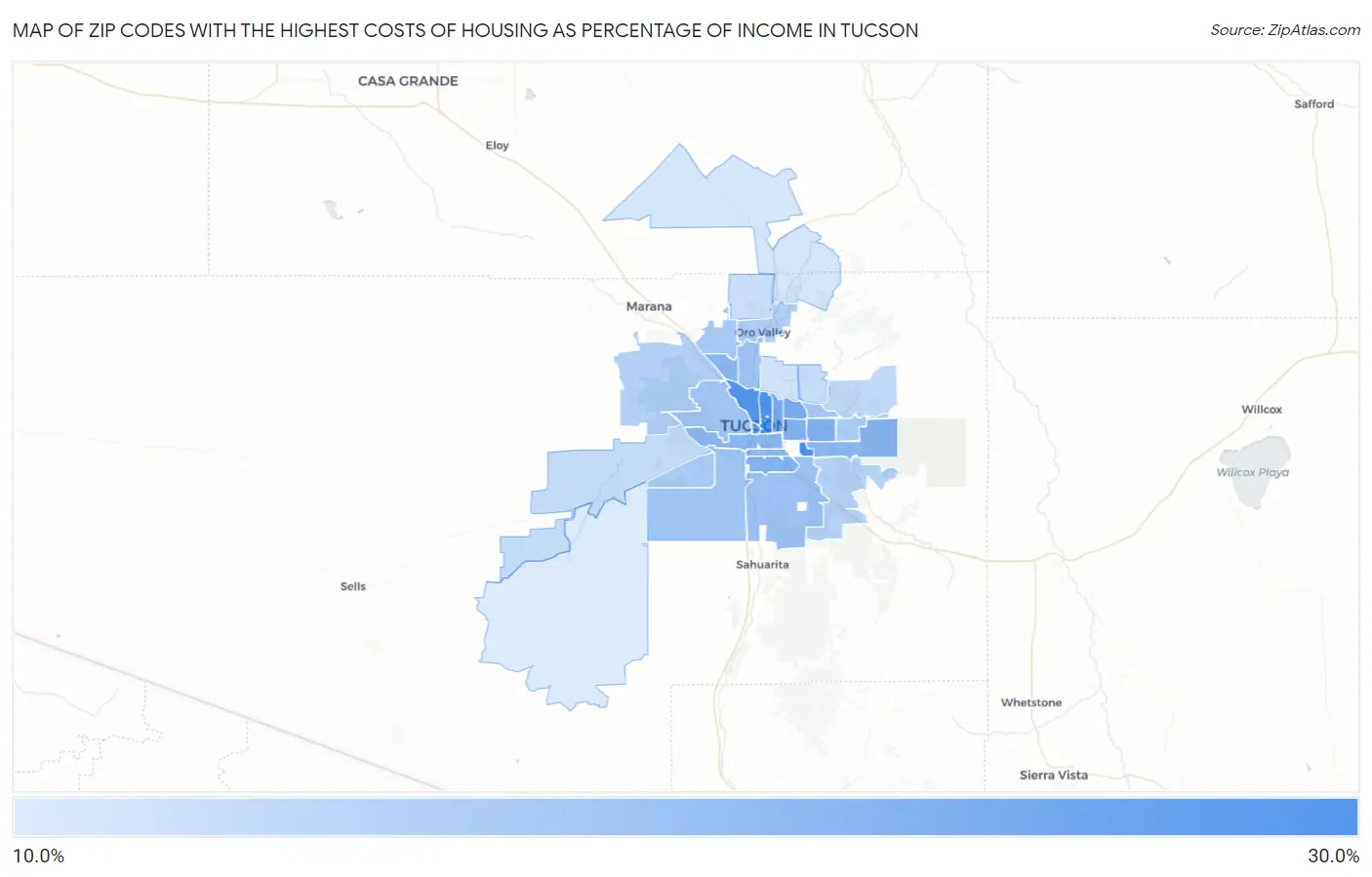 Zip Codes with the Highest Costs of Housing as Percentage of Income in Tucson Map