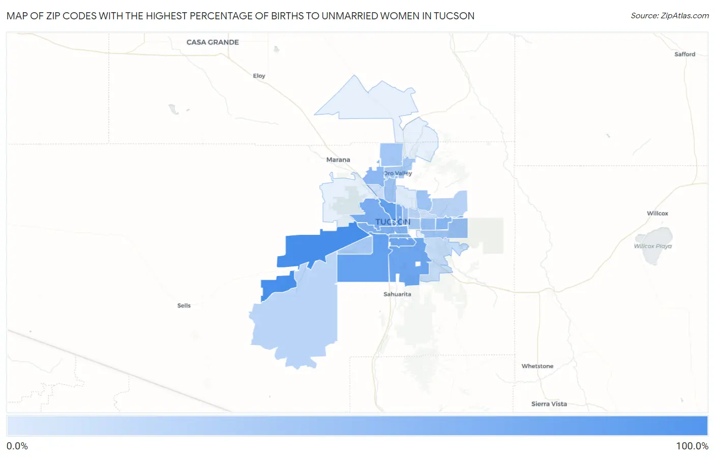 Zip Codes with the Highest Percentage of Births to Unmarried Women in Tucson Map