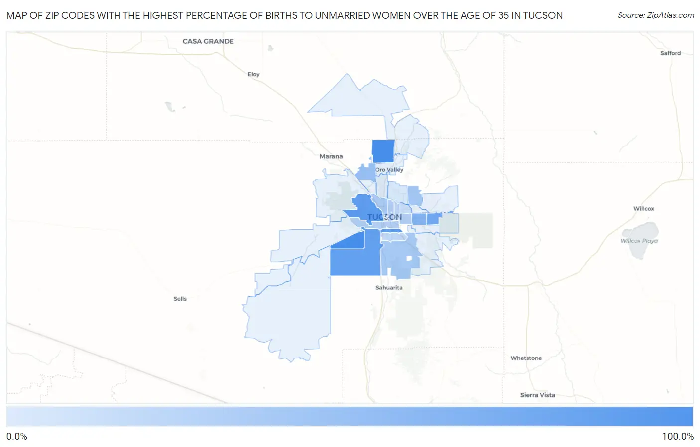 Zip Codes with the Highest Percentage of Births to Unmarried Women over the Age of 35 in Tucson Map