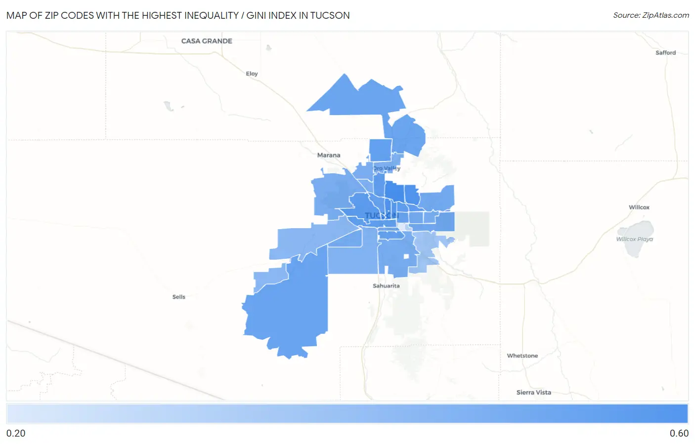 Zip Codes with the Highest Inequality / Gini Index in Tucson Map