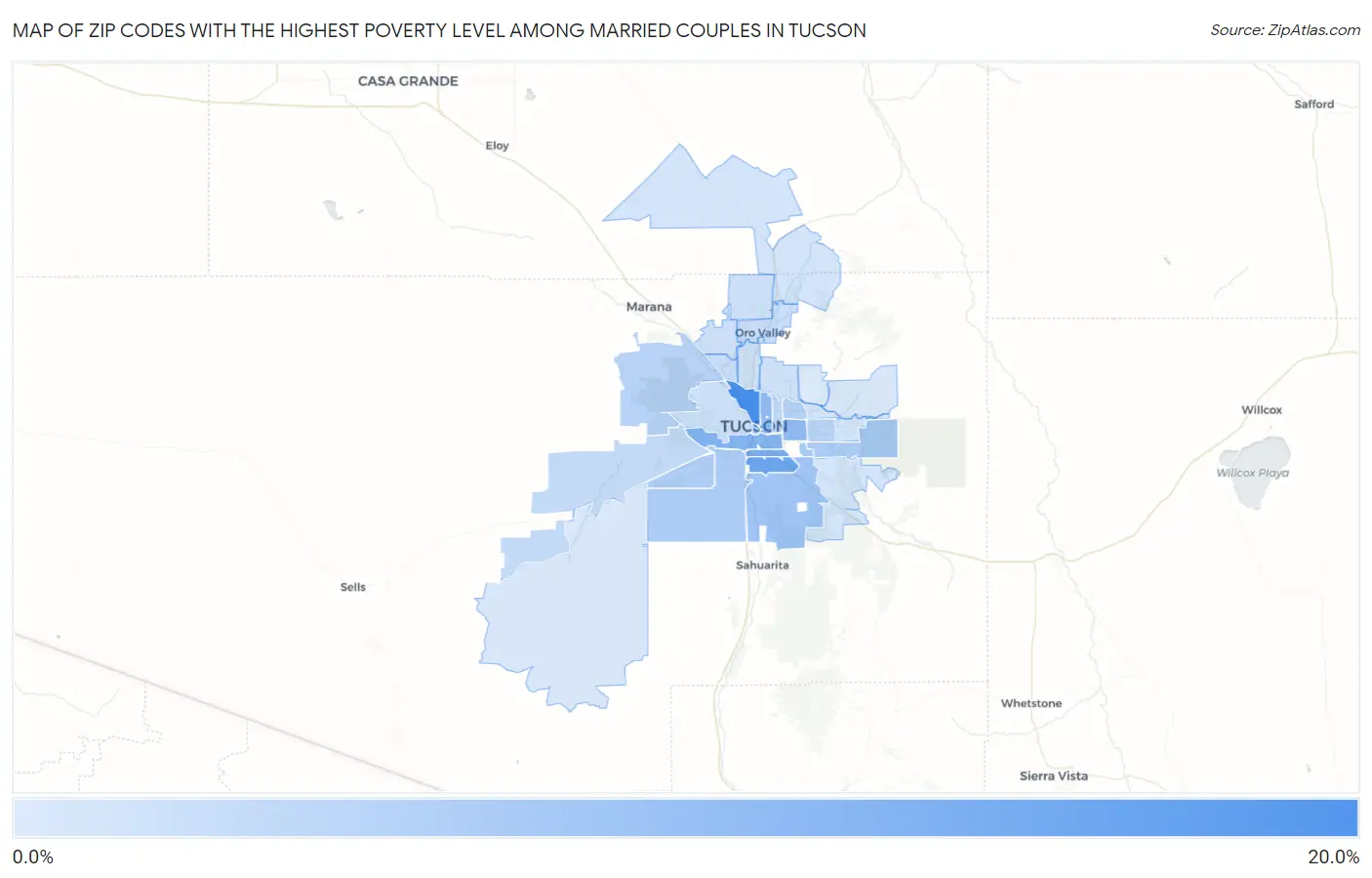 Zip Codes with the Highest Poverty Level Among Married Couples in Tucson Map