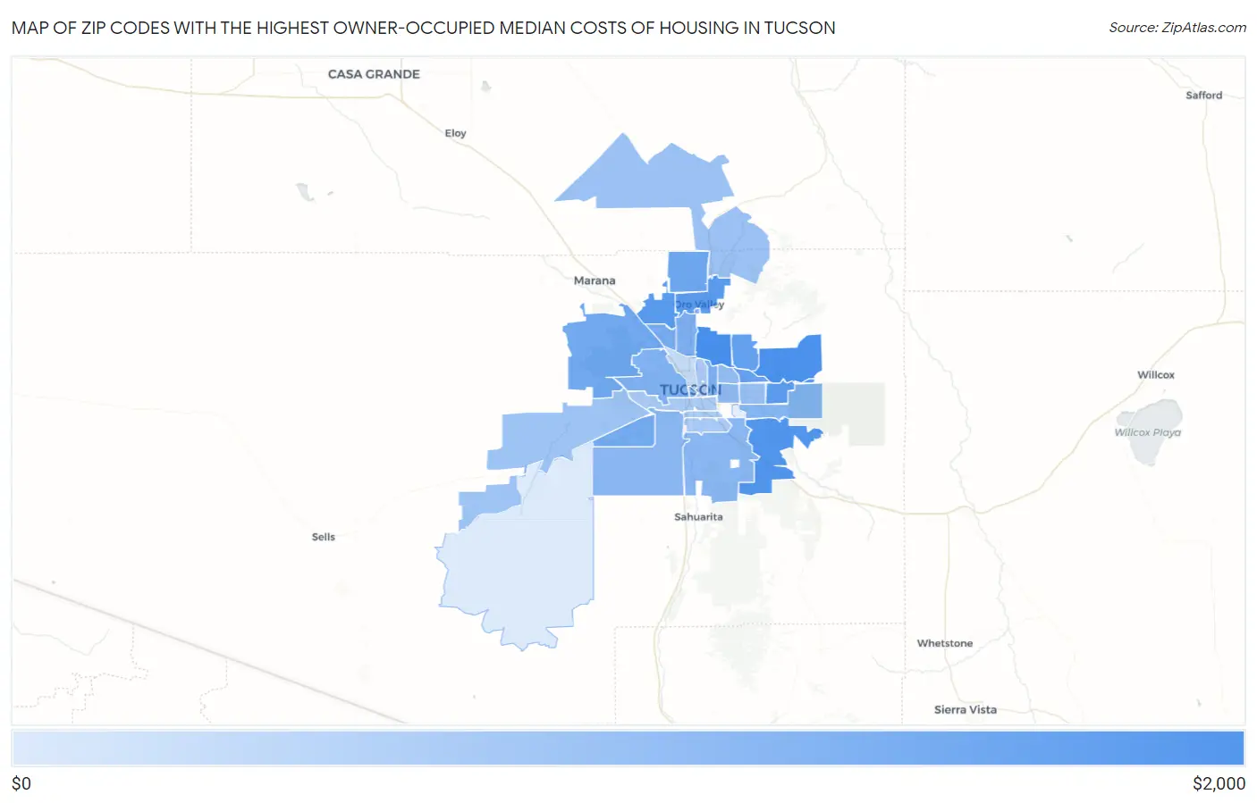 Zip Codes with the Highest Owner-Occupied Median Costs of Housing in Tucson Map