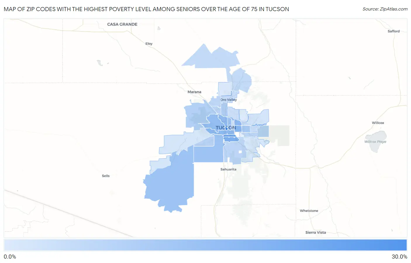 Zip Codes with the Highest Poverty Level Among Seniors Over the Age of 75 in Tucson Map