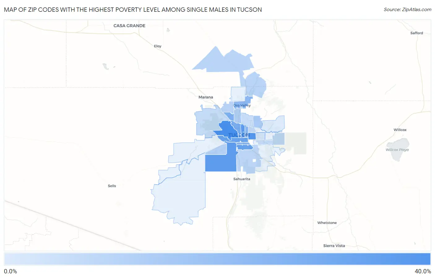 Zip Codes with the Highest Poverty Level Among Single Males in Tucson Map