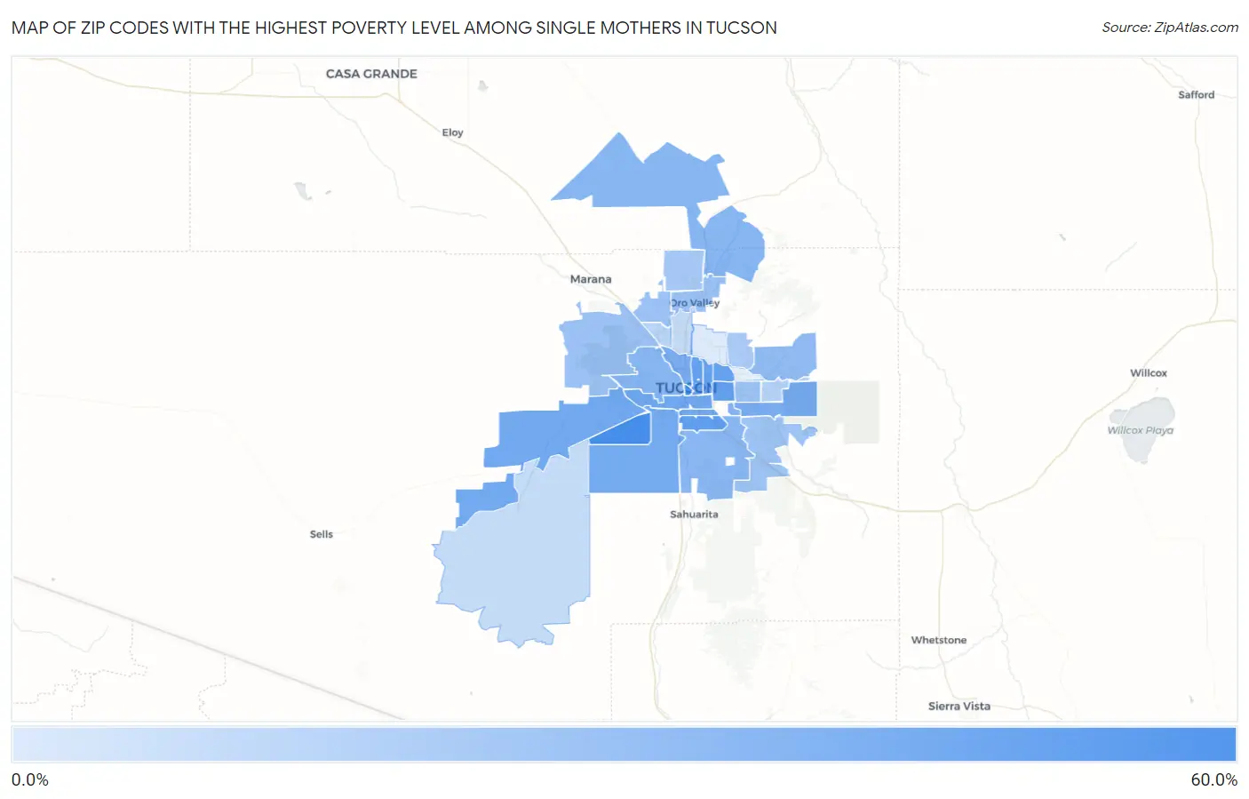 Zip Codes with the Highest Poverty Level Among Single Mothers in Tucson Map