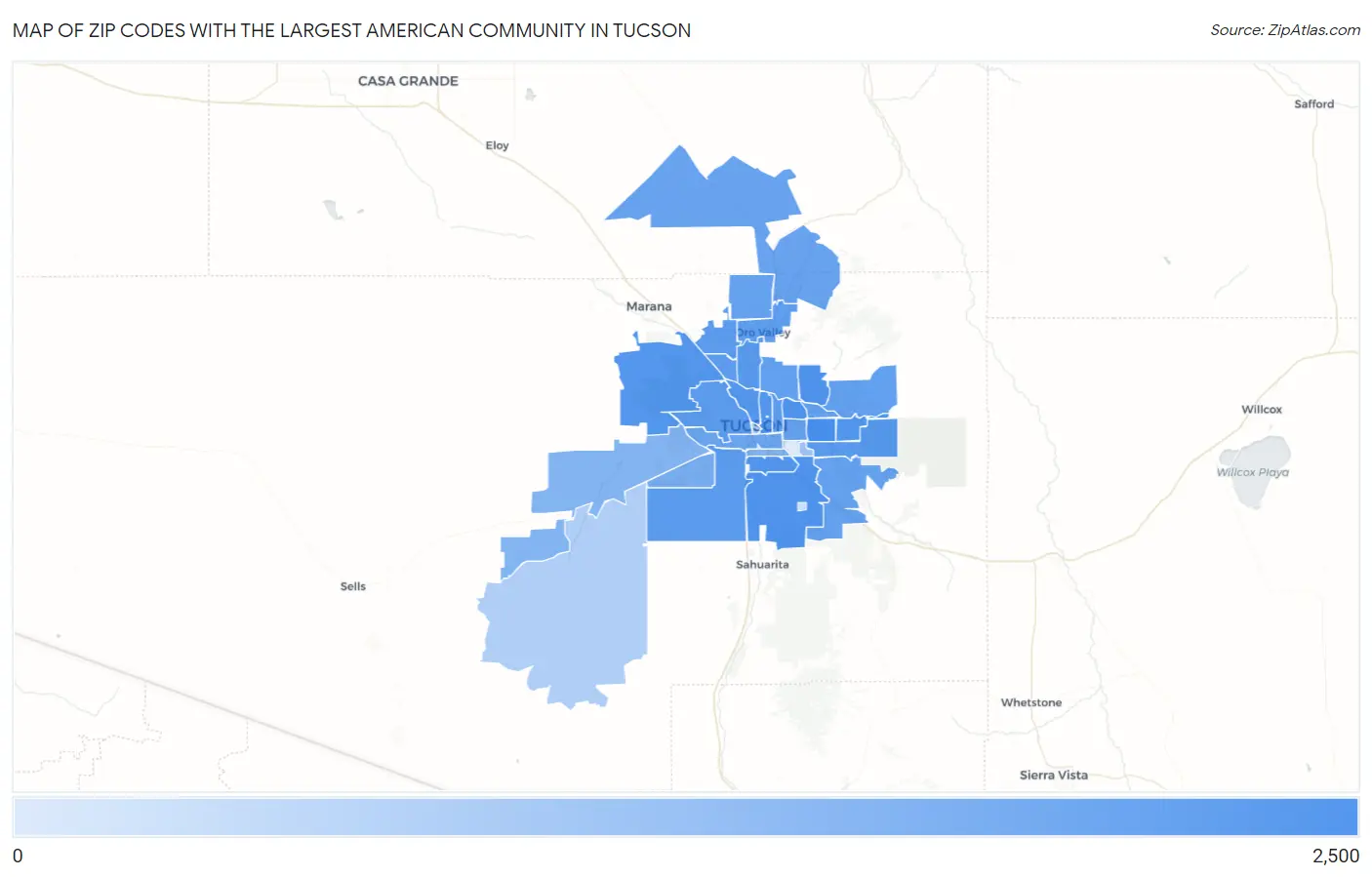 Zip Codes with the Largest American Community in Tucson Map