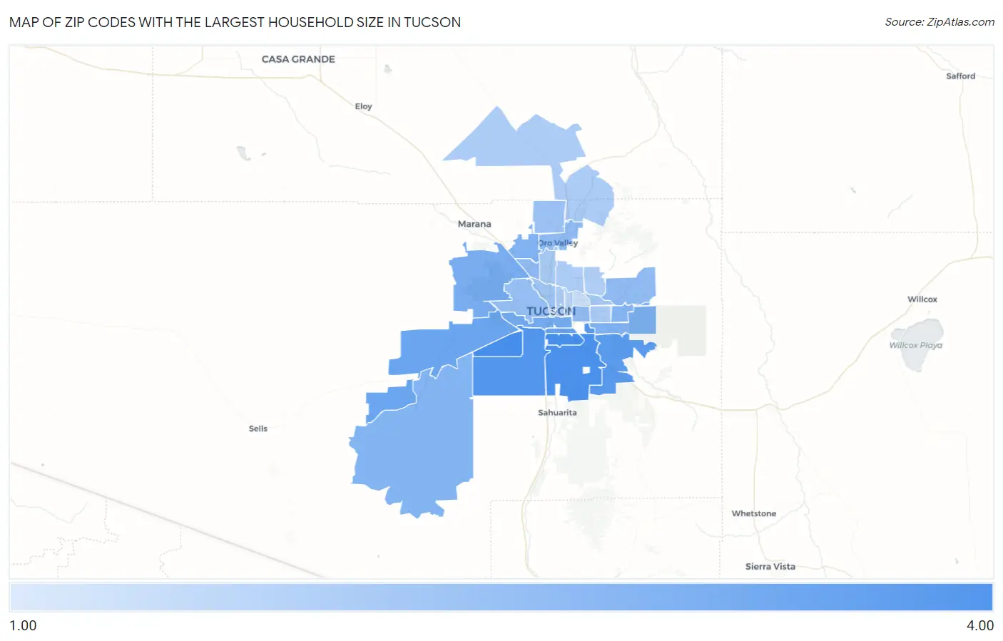 Zip Codes with the Largest Household Size in Tucson Map