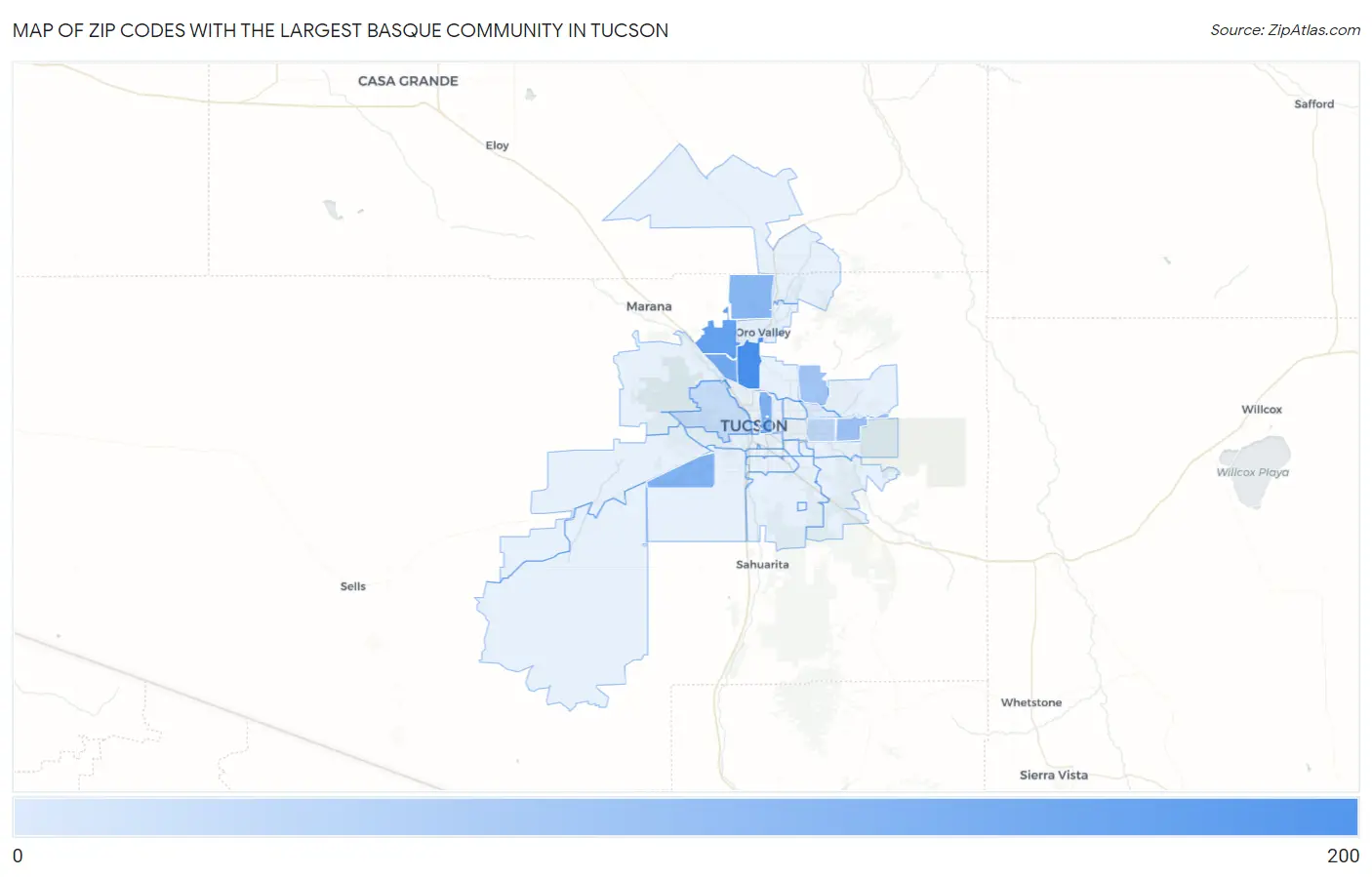 Zip Codes with the Largest Basque Community in Tucson Map