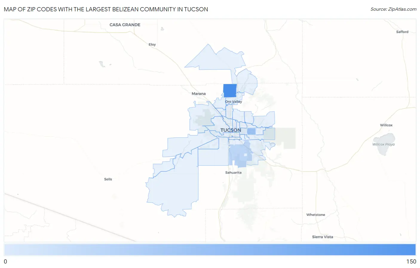 Zip Codes with the Largest Belizean Community in Tucson Map