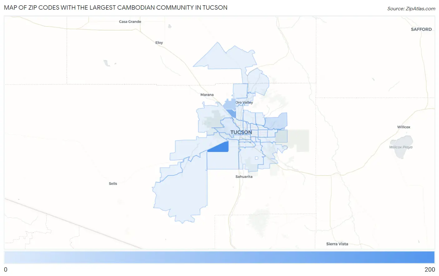 Zip Codes with the Largest Cambodian Community in Tucson Map