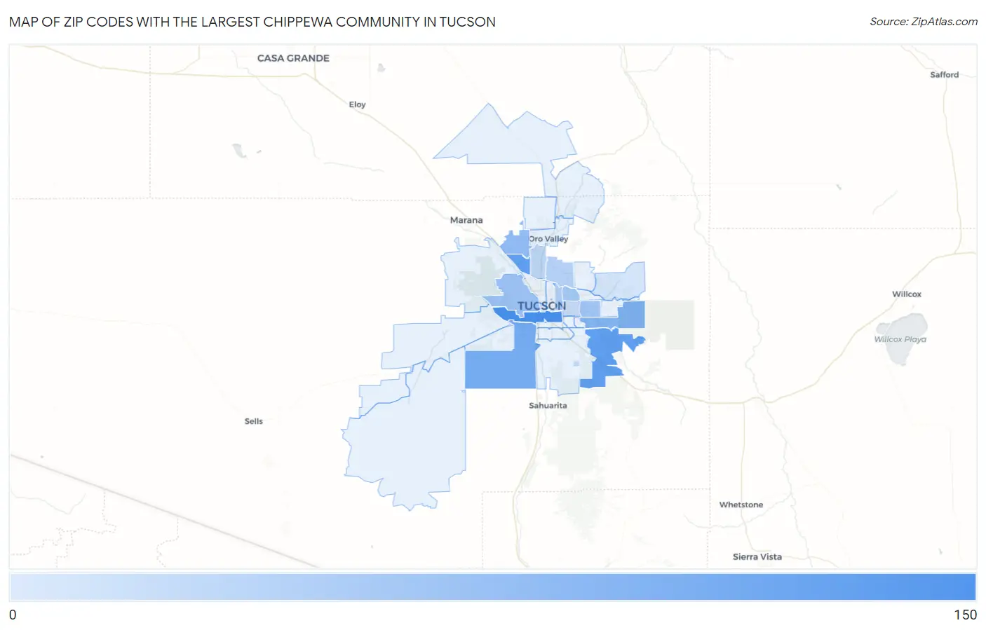 Zip Codes with the Largest Chippewa Community in Tucson Map
