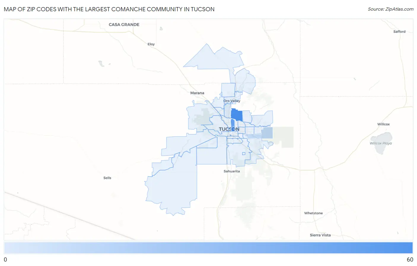 Zip Codes with the Largest Comanche Community in Tucson Map