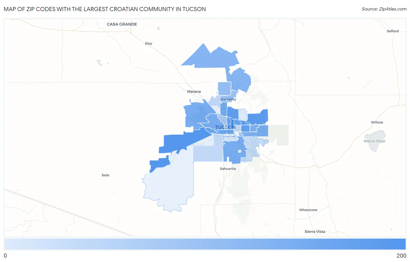 Zip Codes with the Largest Croatian Community in Tucson Map