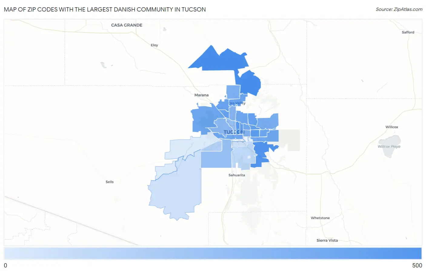 Zip Codes with the Largest Danish Community in Tucson Map