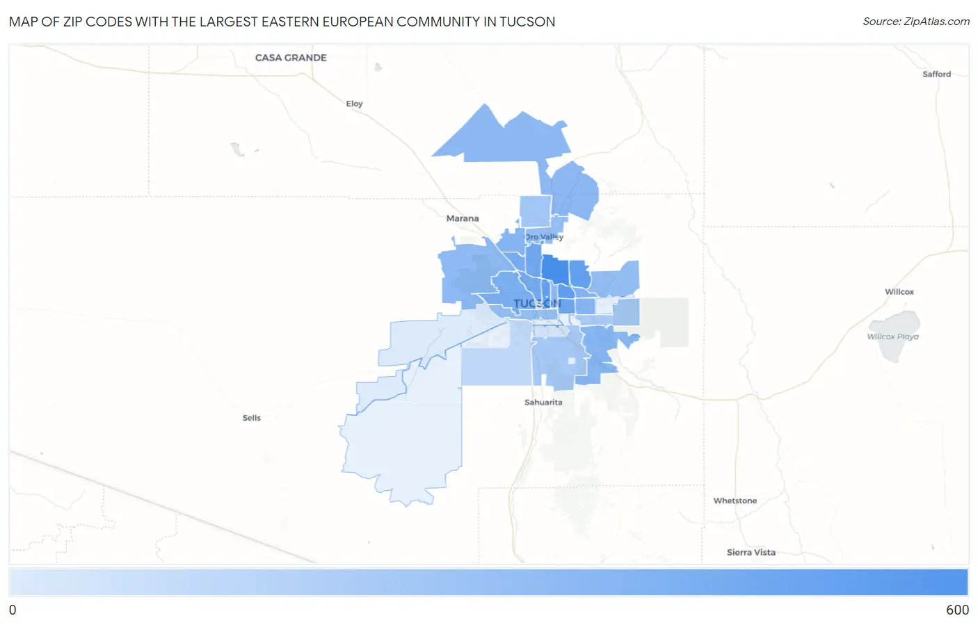 Zip Codes with the Largest Eastern European Community in Tucson Map