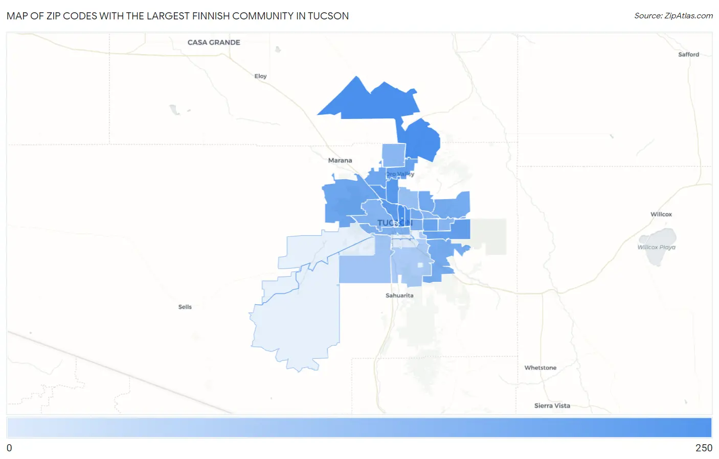 Zip Codes with the Largest Finnish Community in Tucson Map