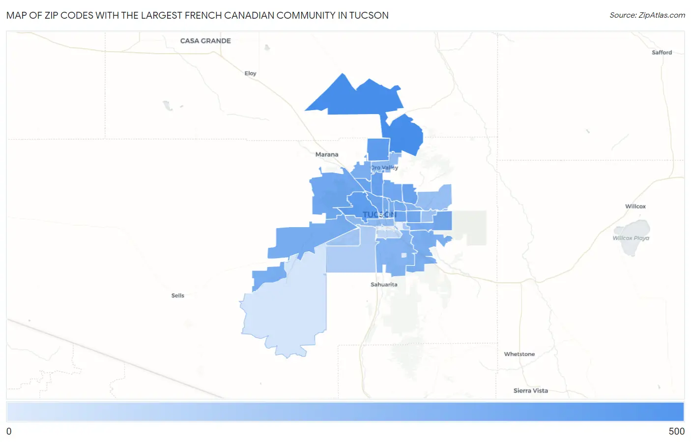 Zip Codes with the Largest French Canadian Community in Tucson Map