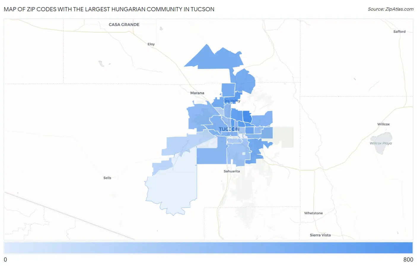 Zip Codes with the Largest Hungarian Community in Tucson Map