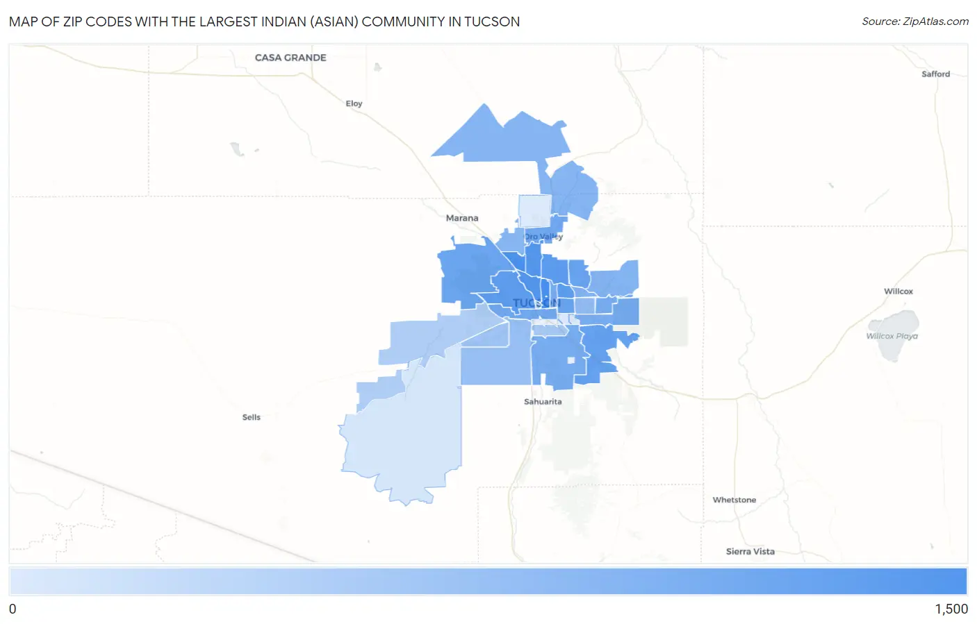 Zip Codes with the Largest Indian (Asian) Community in Tucson Map
