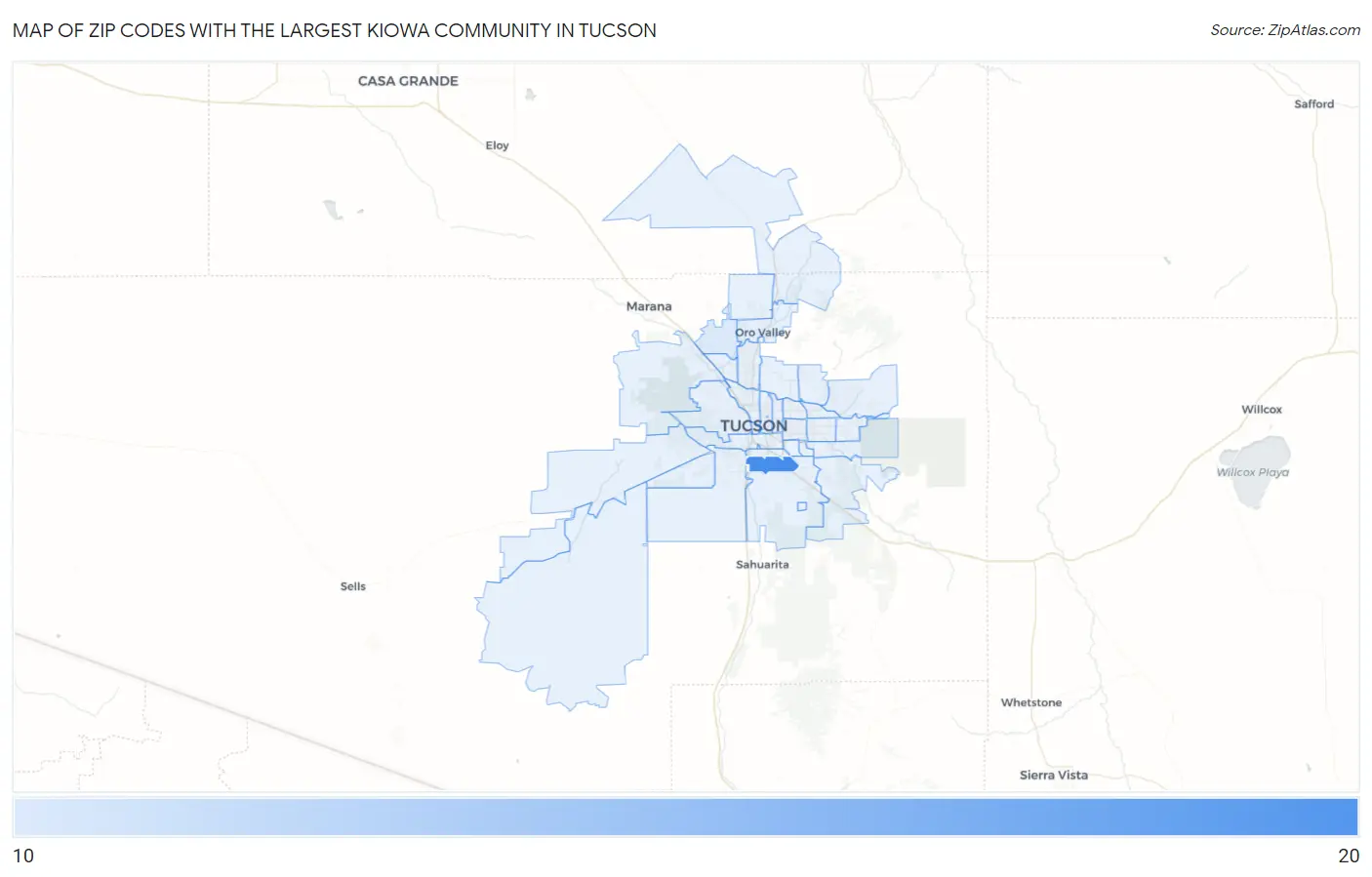 Zip Codes with the Largest Kiowa Community in Tucson Map