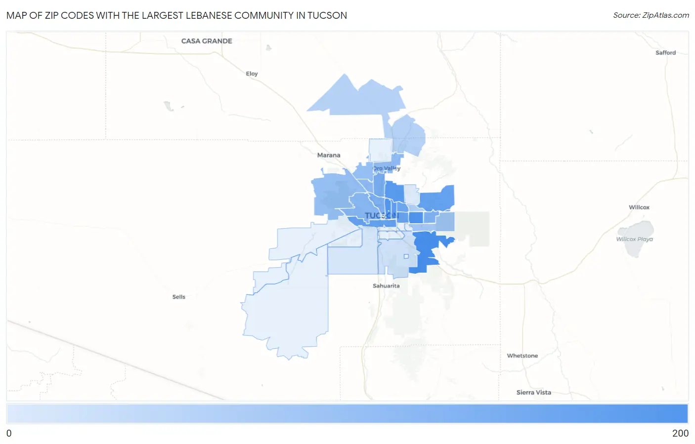 Zip Codes with the Largest Lebanese Community in Tucson Map