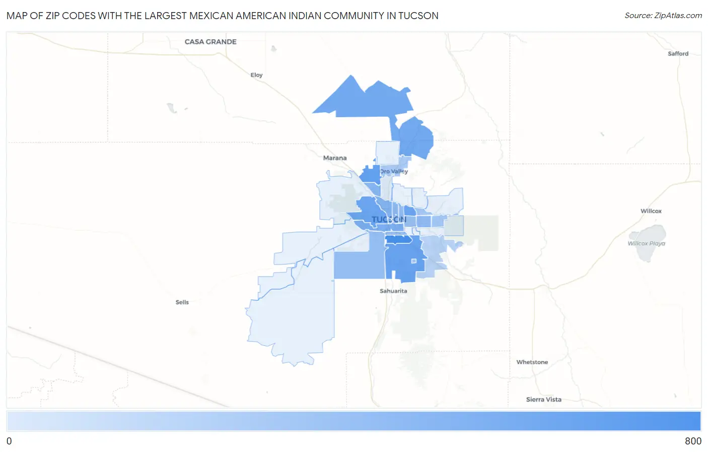 Zip Codes with the Largest Mexican American Indian Community in Tucson Map