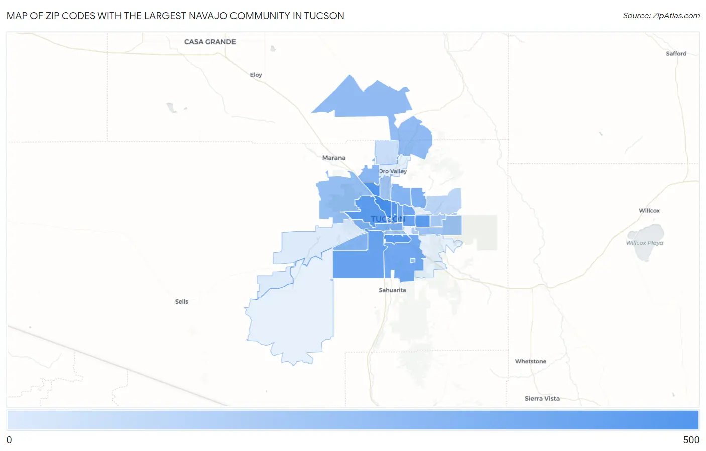 Zip Codes with the Largest Navajo Community in Tucson Map