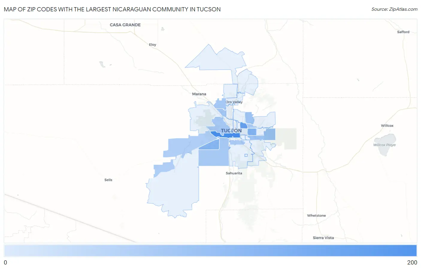 Zip Codes with the Largest Nicaraguan Community in Tucson Map